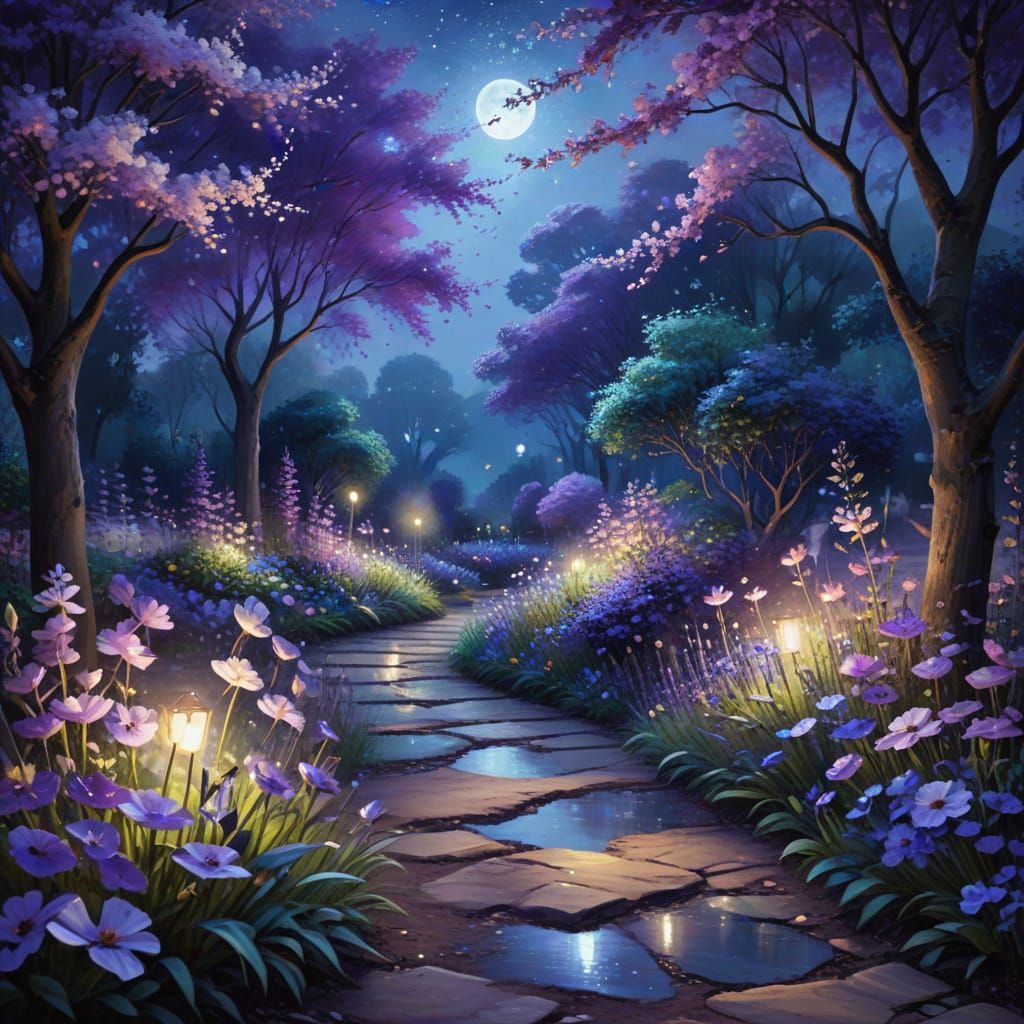 Moonlit Garden in Impressionist Style