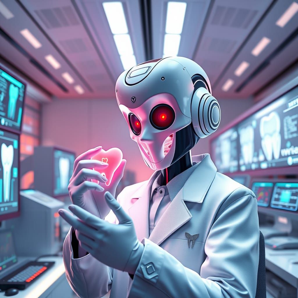 Futuristic AI Tooth-Coder in Advanced Lab: 3D Art