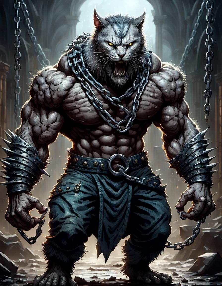 anthropomorphic cat man with massive muscular muscle ,8k resolution concept art with chains,spikes and huge claws