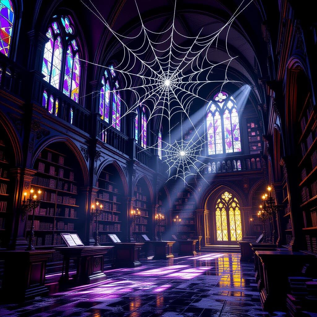 Gothic Castle Library Overrun by Intricate Spider Webs
