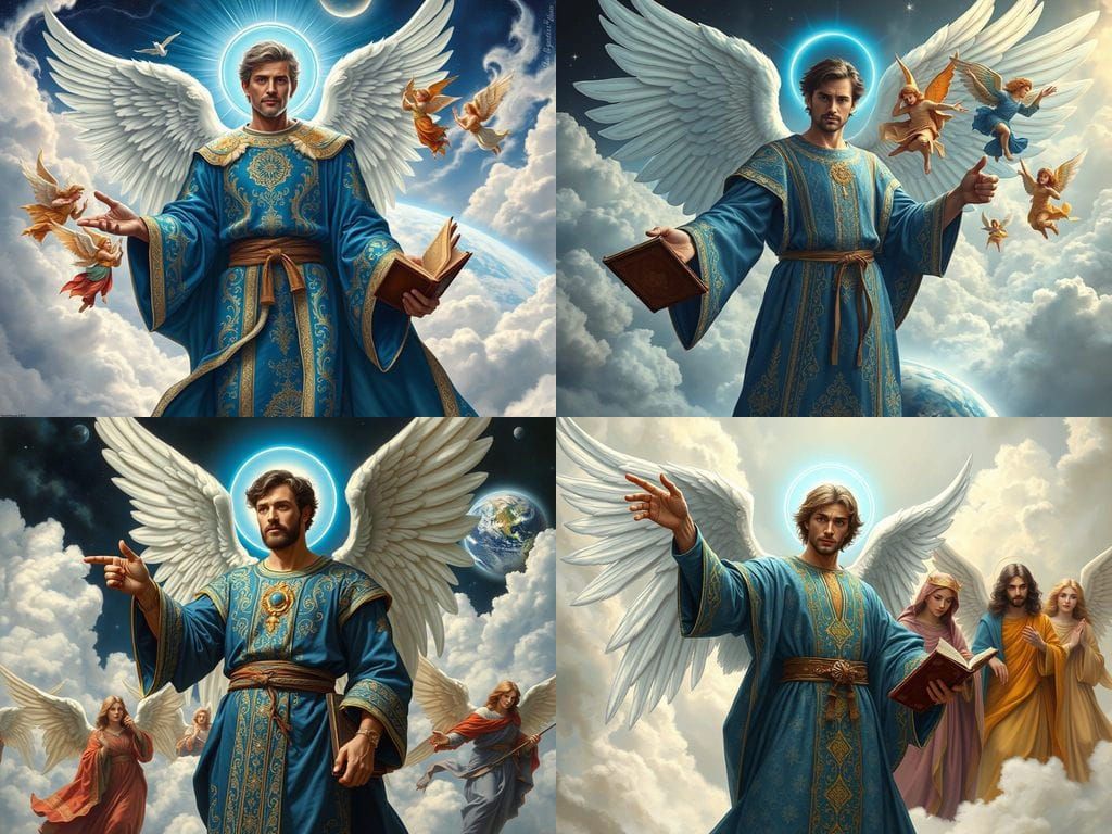 Majestic Blue Robed Archangel Among White Clouds