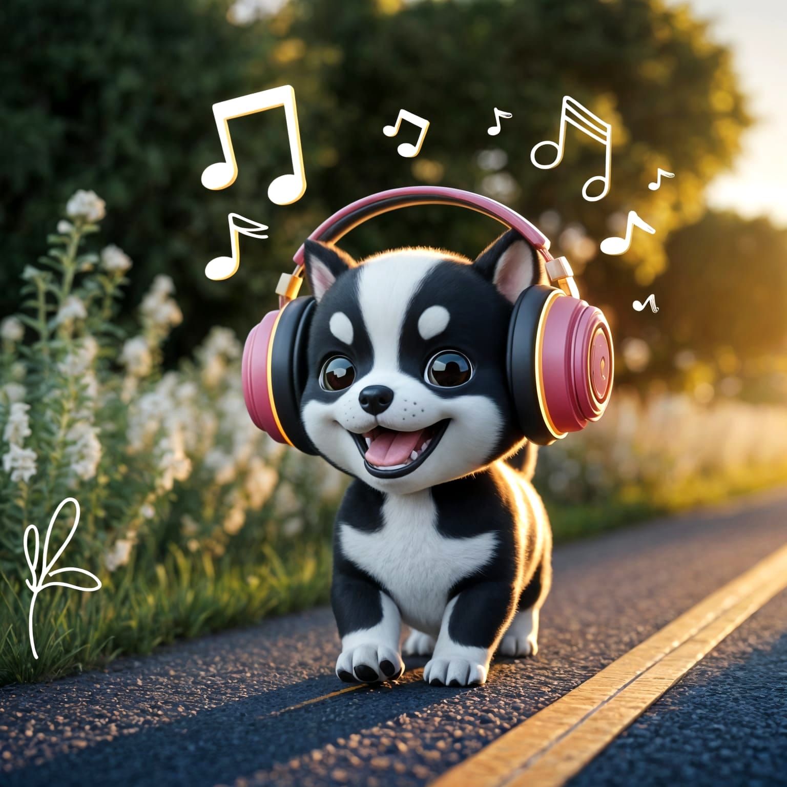 Joyful Puppy's Musical Walk in Vibrant 3D Style