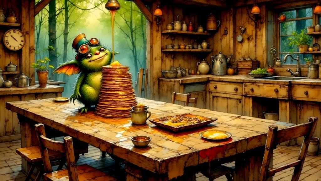 A mischievous little Gremlin about to steal someone’s breakf...