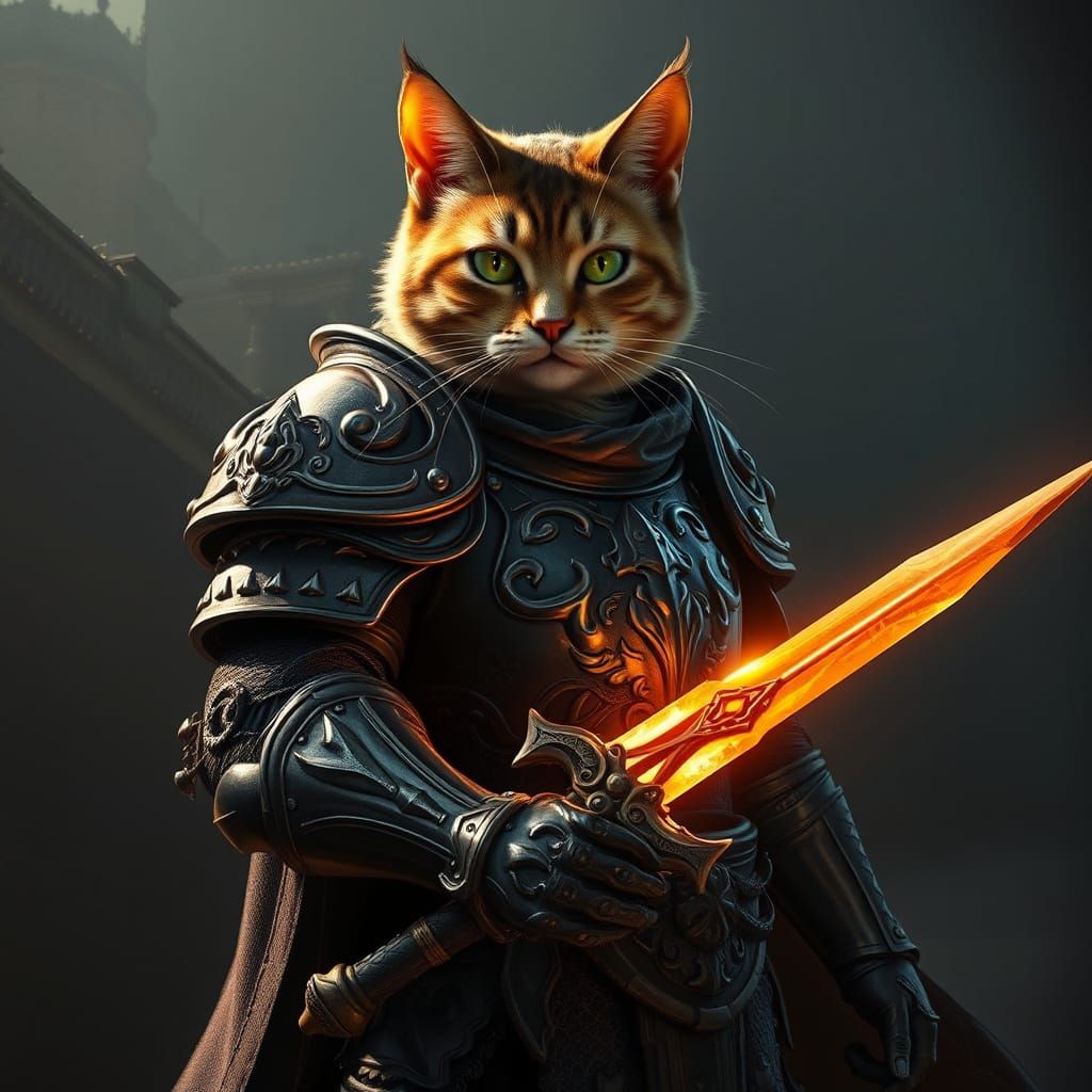 Regal Feline Warrior in Dark Armor