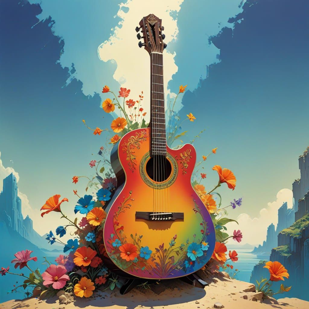 Spanish Guitar with Art Deco Floral Artwork