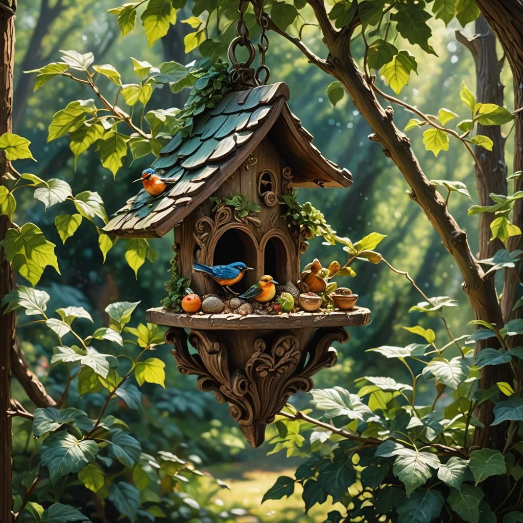 Chickadees at Bird Feeder: Fairy Tale Oil Painting