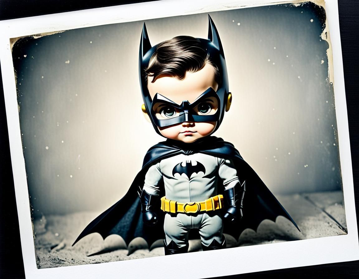 Chibi Batman in Vintage Polaroid Style