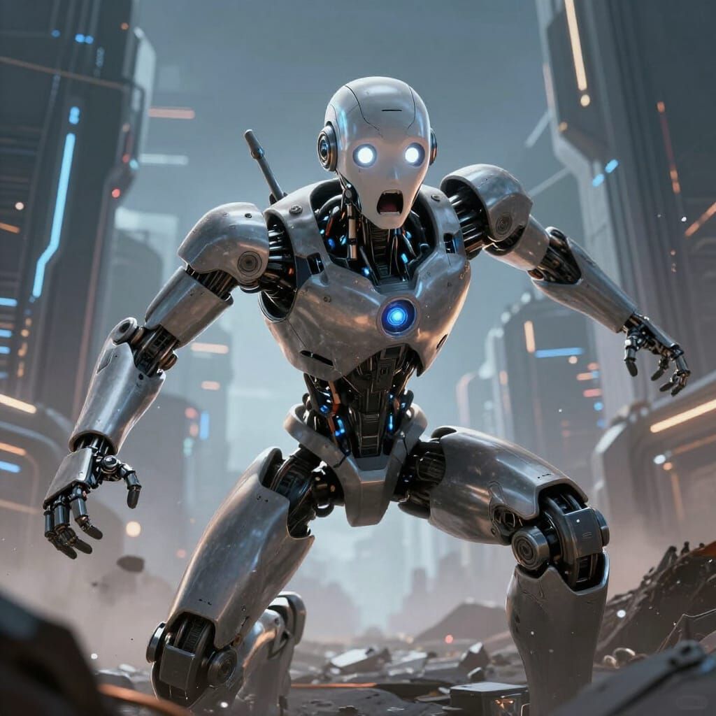 Terrified Android Encounters Human in Futuristic Cityscape