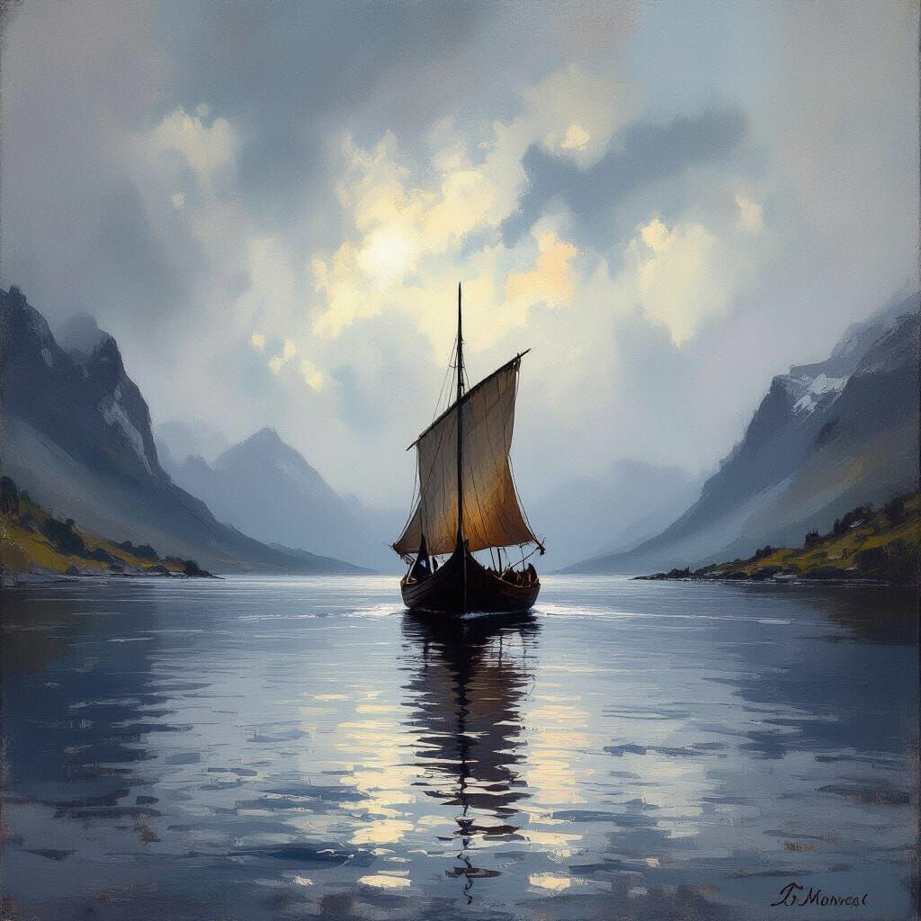 Viking Longship in Misty Fjord, Impressionist Oil Painting