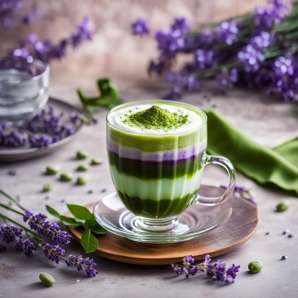 lavender coffee with layers of matcha foam flavors, garnished with fresh blossoms and served in a crystal-clear cup.