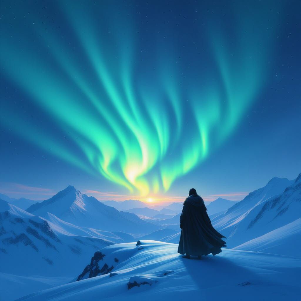 Ethereal Figure Watches Aurora Borealis from Mountain Peak