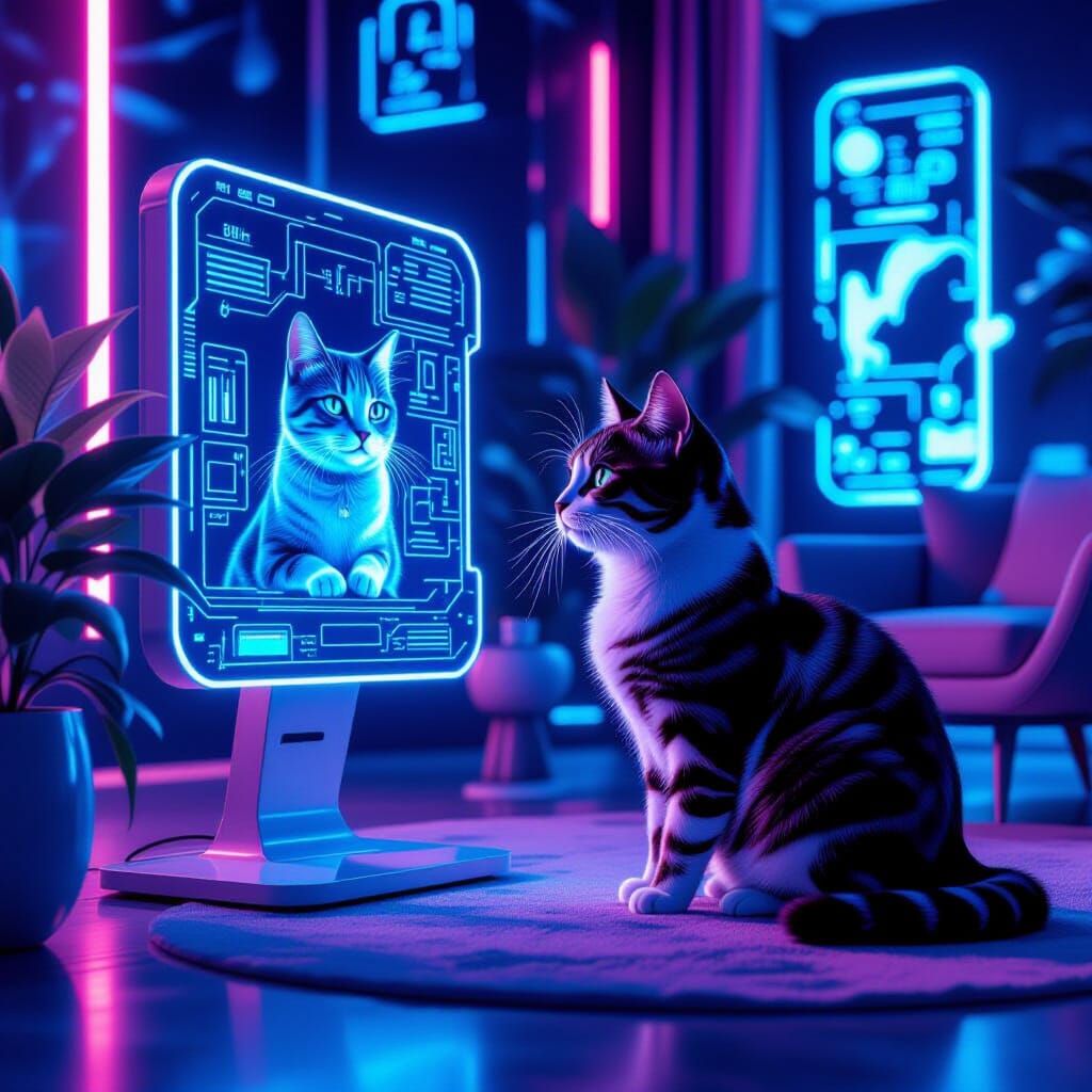 Cyberpunk Cat Interacting with Holographic Displays
