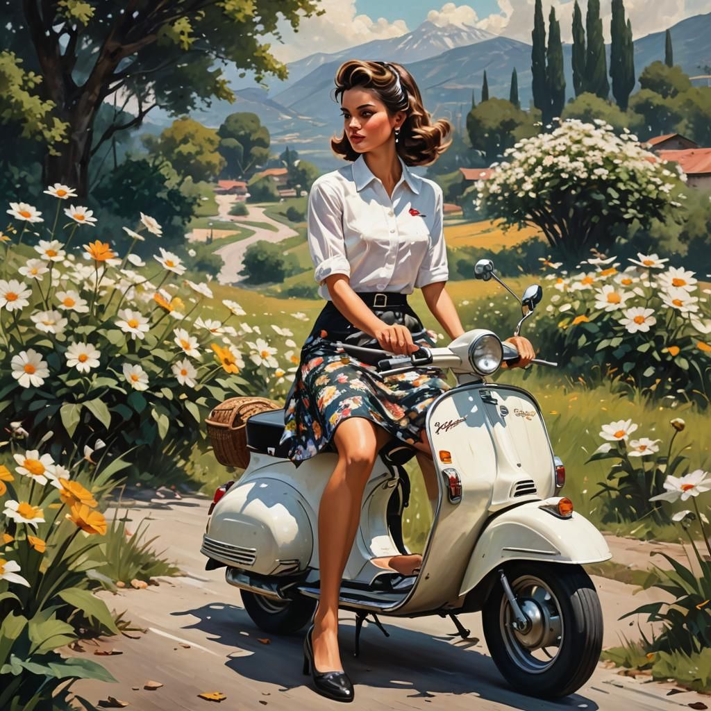 1950s Girl on Vespa in Hyperrealistic Style