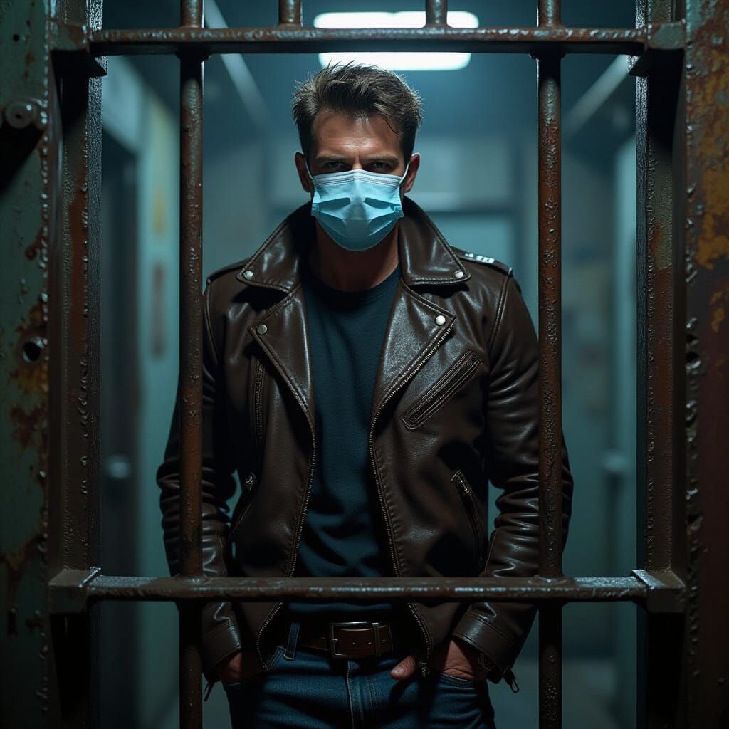 Masked Man Behind Bars in Dystopian Setting