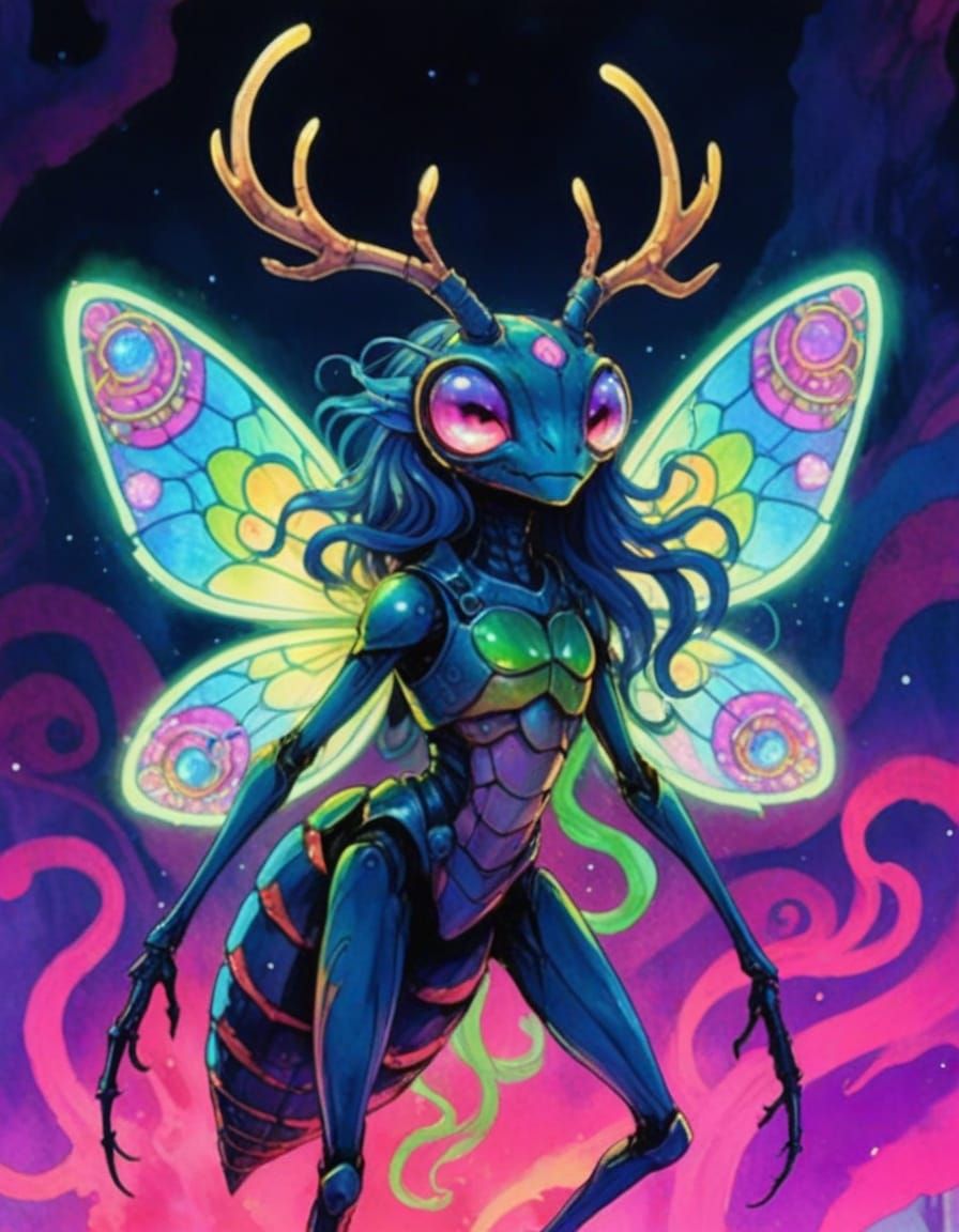 Insectoid Demon Woman in Manga Watercolor Style