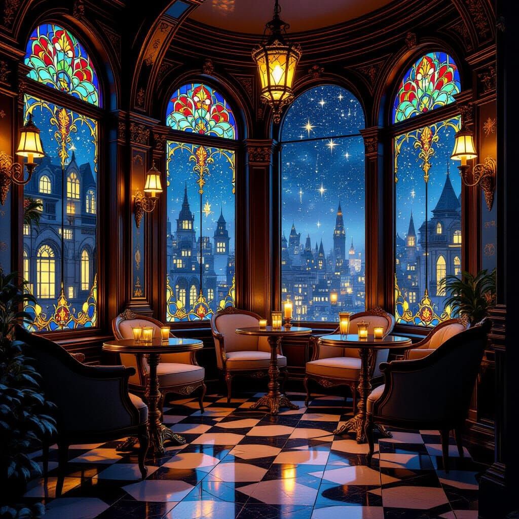 Cozy Art Nouveau Cafe Under Starry Sky