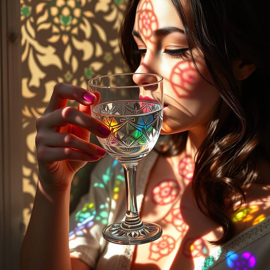 Woman with Crystal Glass Refracting Rainbow Light