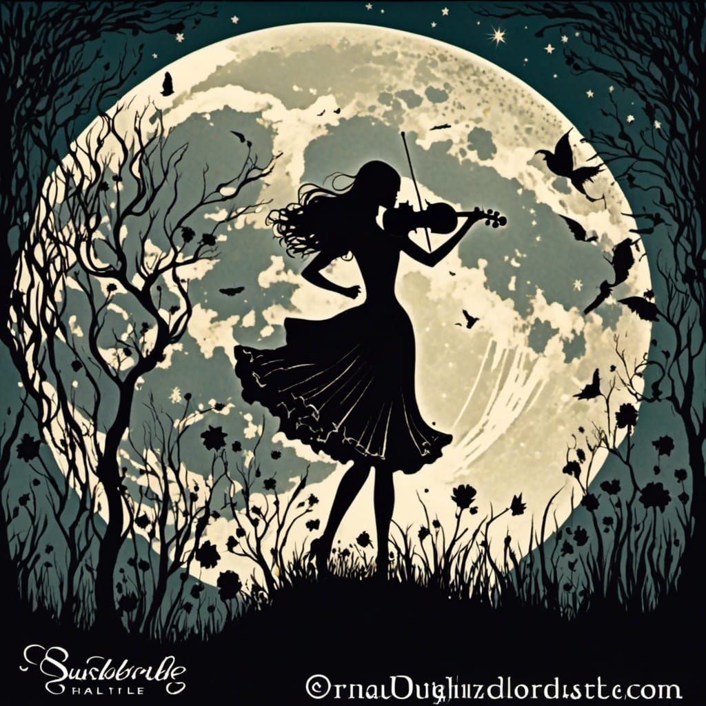 Girl Silhouetted by Moon Plays Violin