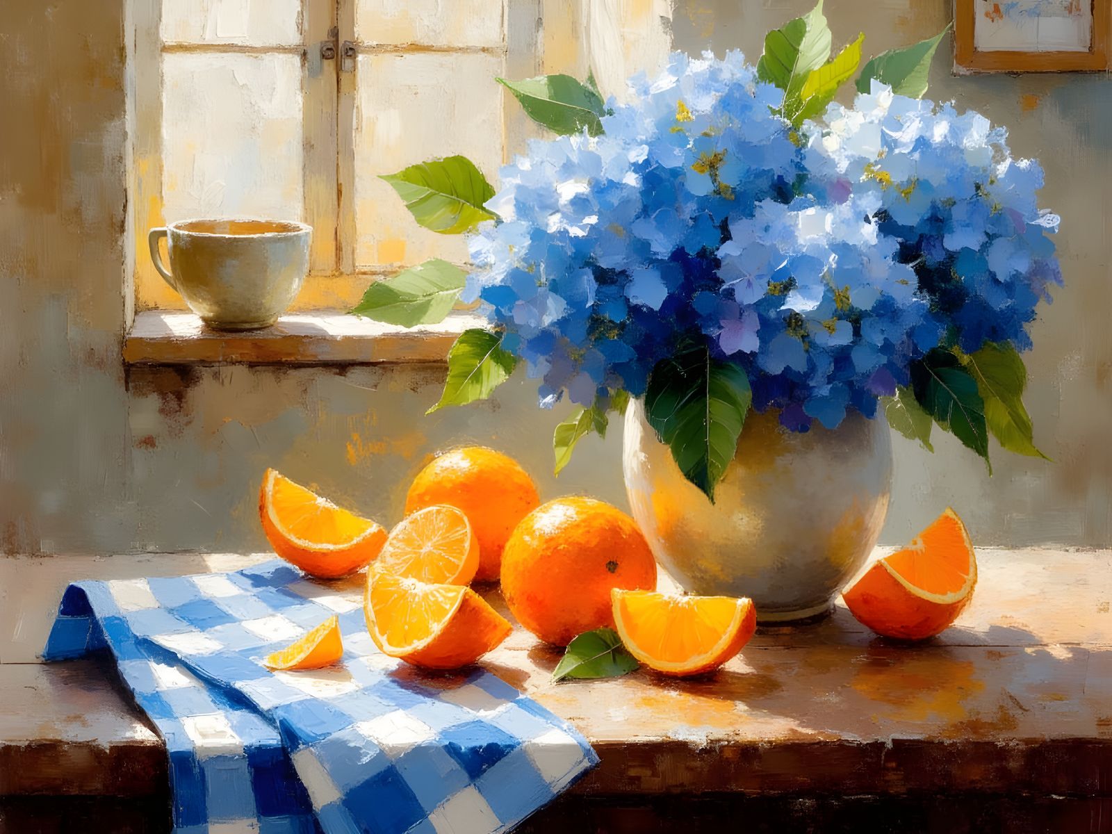 Blue Hydrangeas and Oranges Still Life