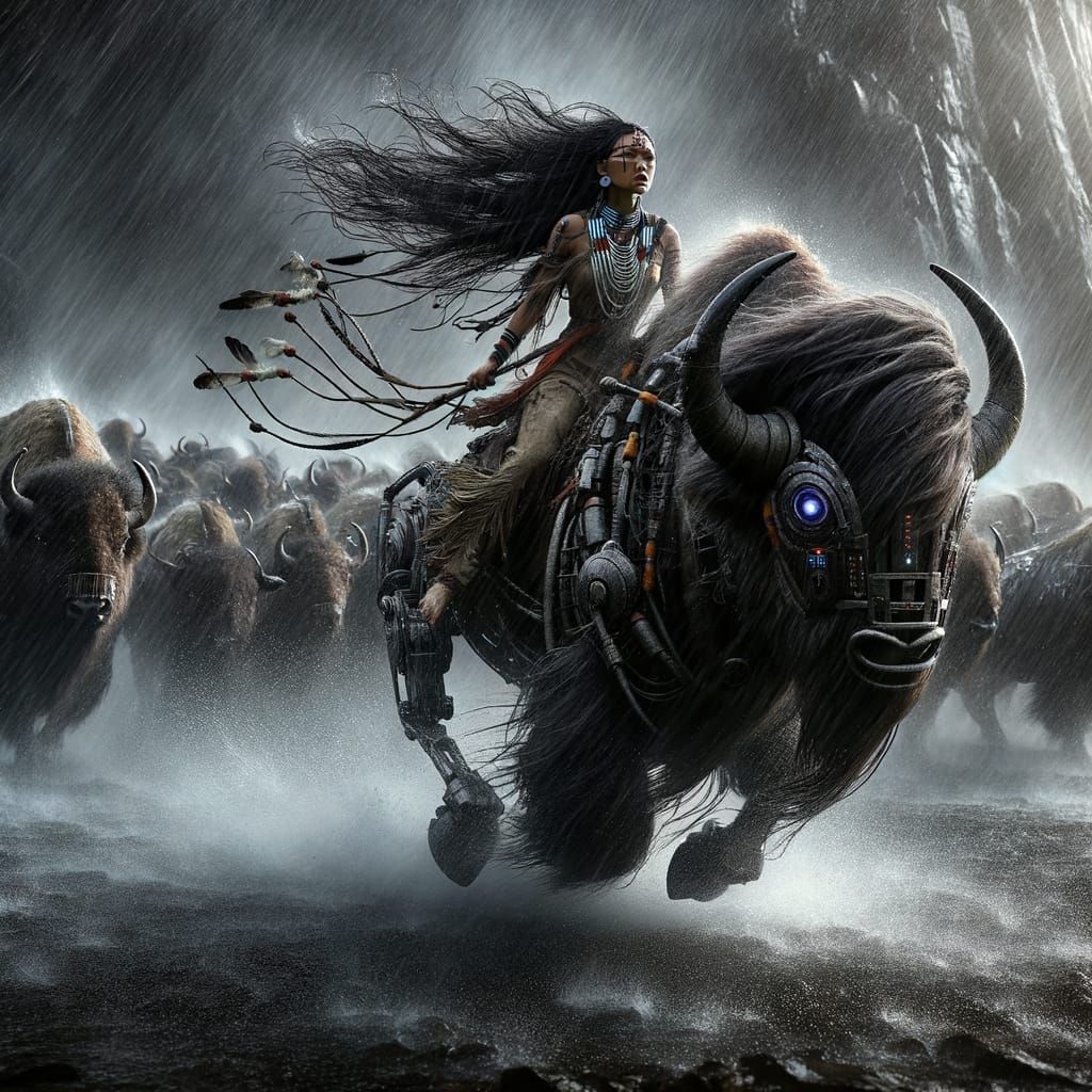 Native Woman Rides Robotic Bison in Storm
