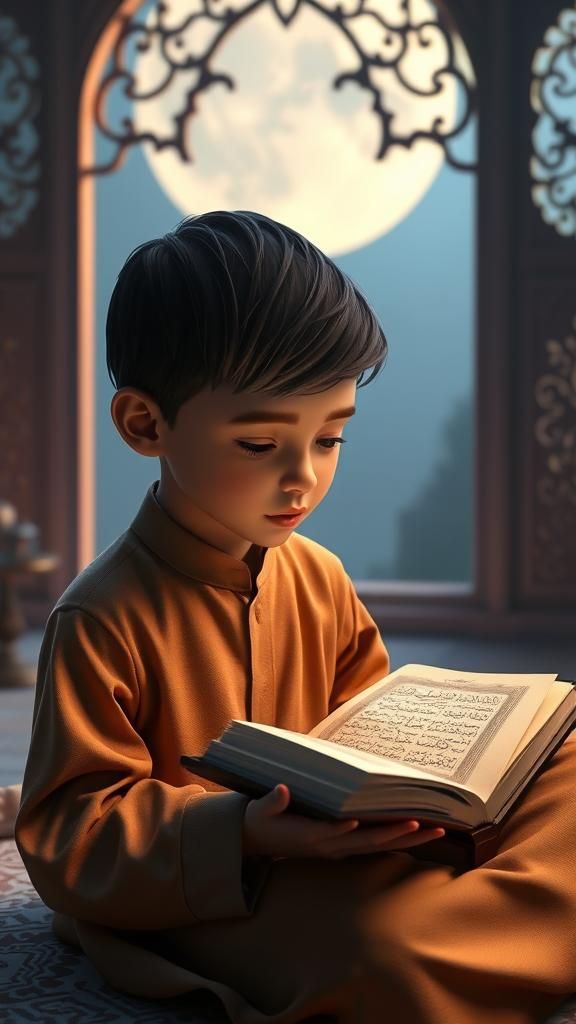 Enchanting Image of Muslim Boy Reading Quran in 3D
