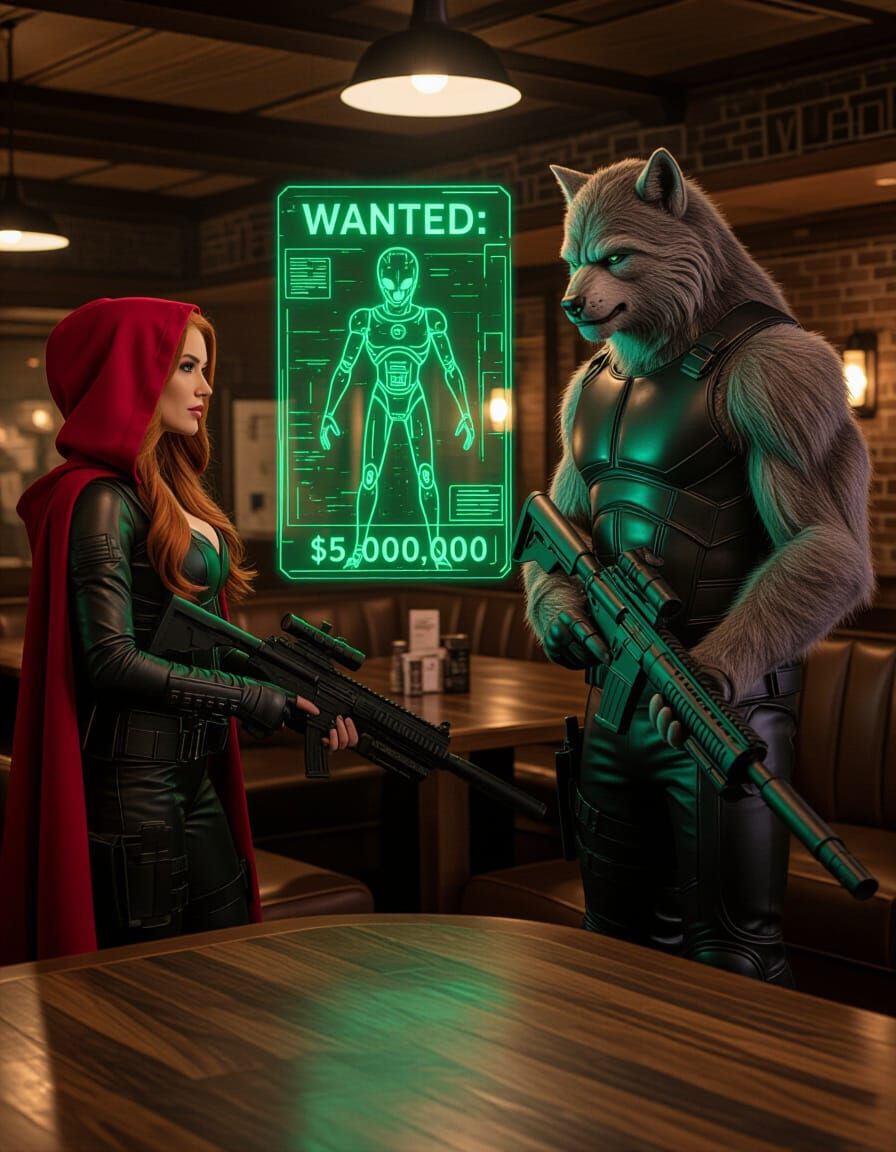 Redhead and Werewolf Bounty Hunters in Futuristic Saloon