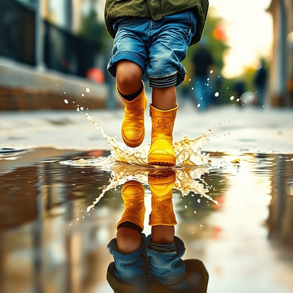 Child Jumps in Puddle, Expressionist Watercolor Splash