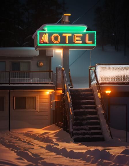 Motel at Night During Blue Hour in Snow