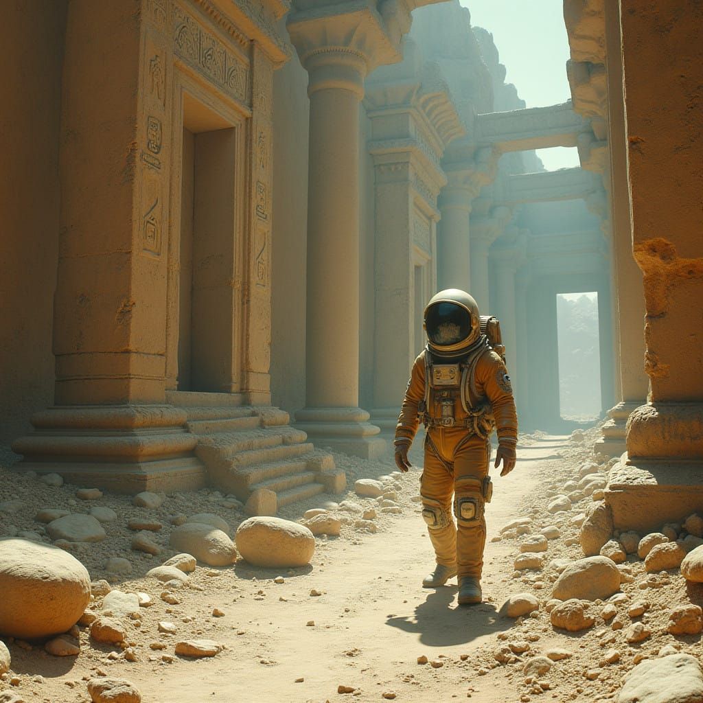 An astronaut exploring ancient ruins