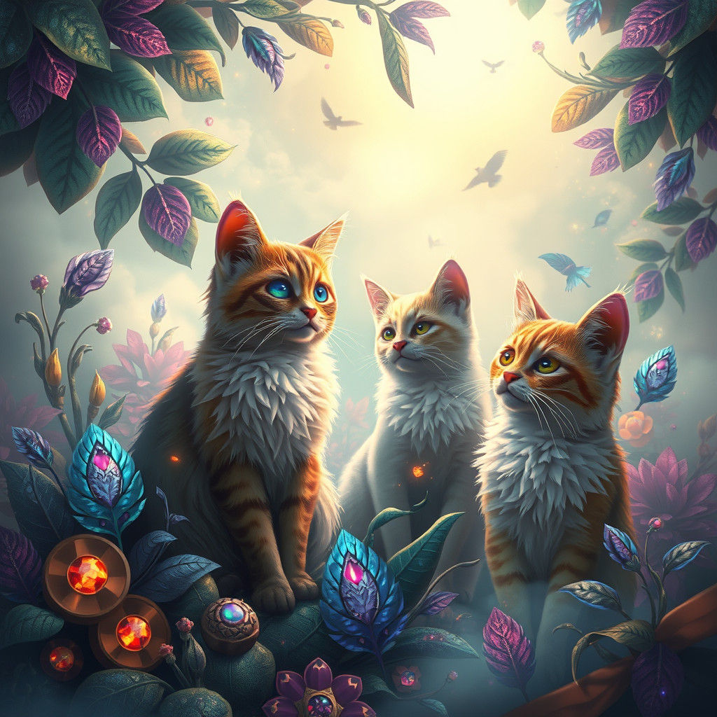 Mystical Cats in Lush Foliage, Digital Art