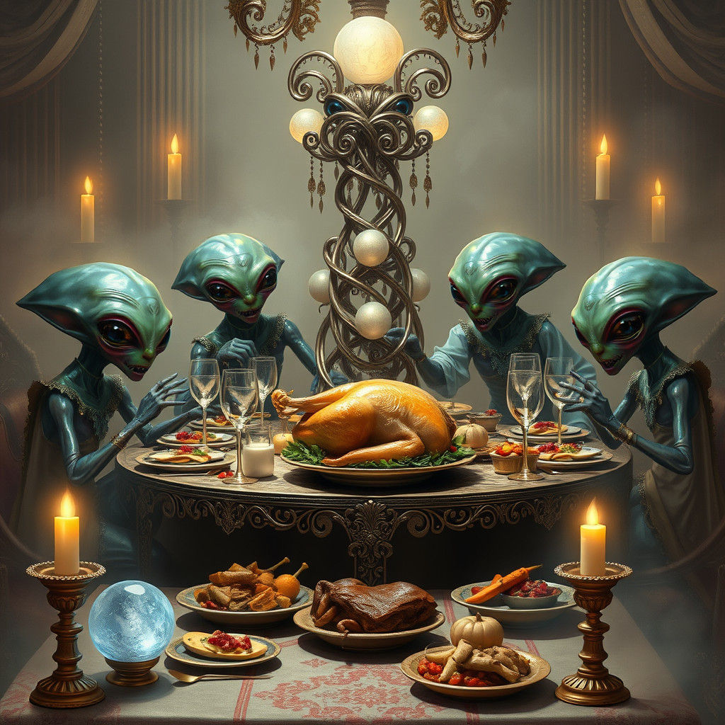 Aliens Celebrate Thanksgiving in Dreamlike Realm
