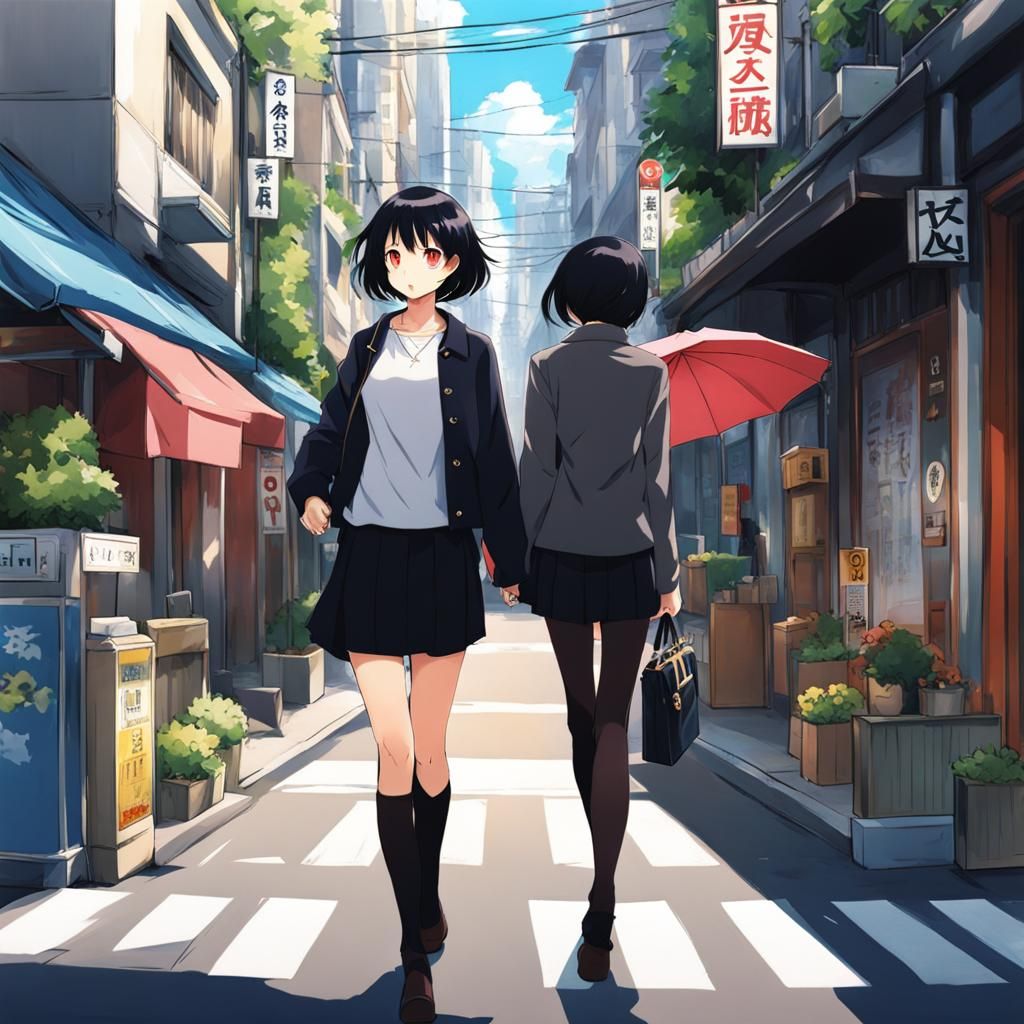 Anime Style Woman Walking in Street