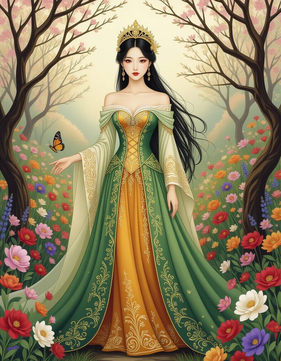 Asian Woman in Floral Garden, Fantasy Art Style