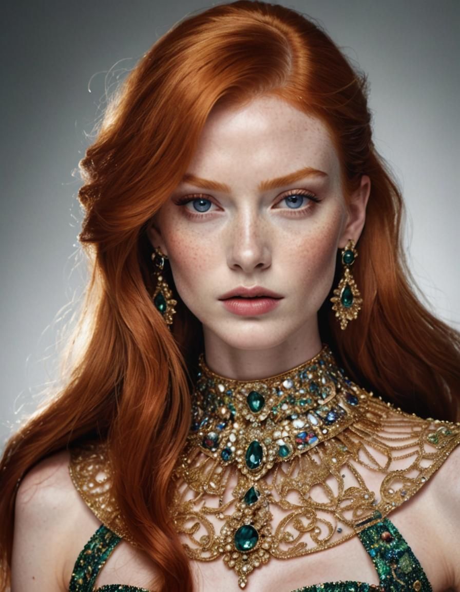 Ginger Supermodel with Jeweled Hair on Catwalk