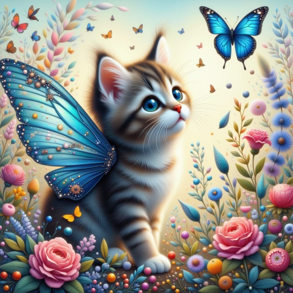 Charming Gray Kitten in Whimsical Garden Scene with Butterfl...