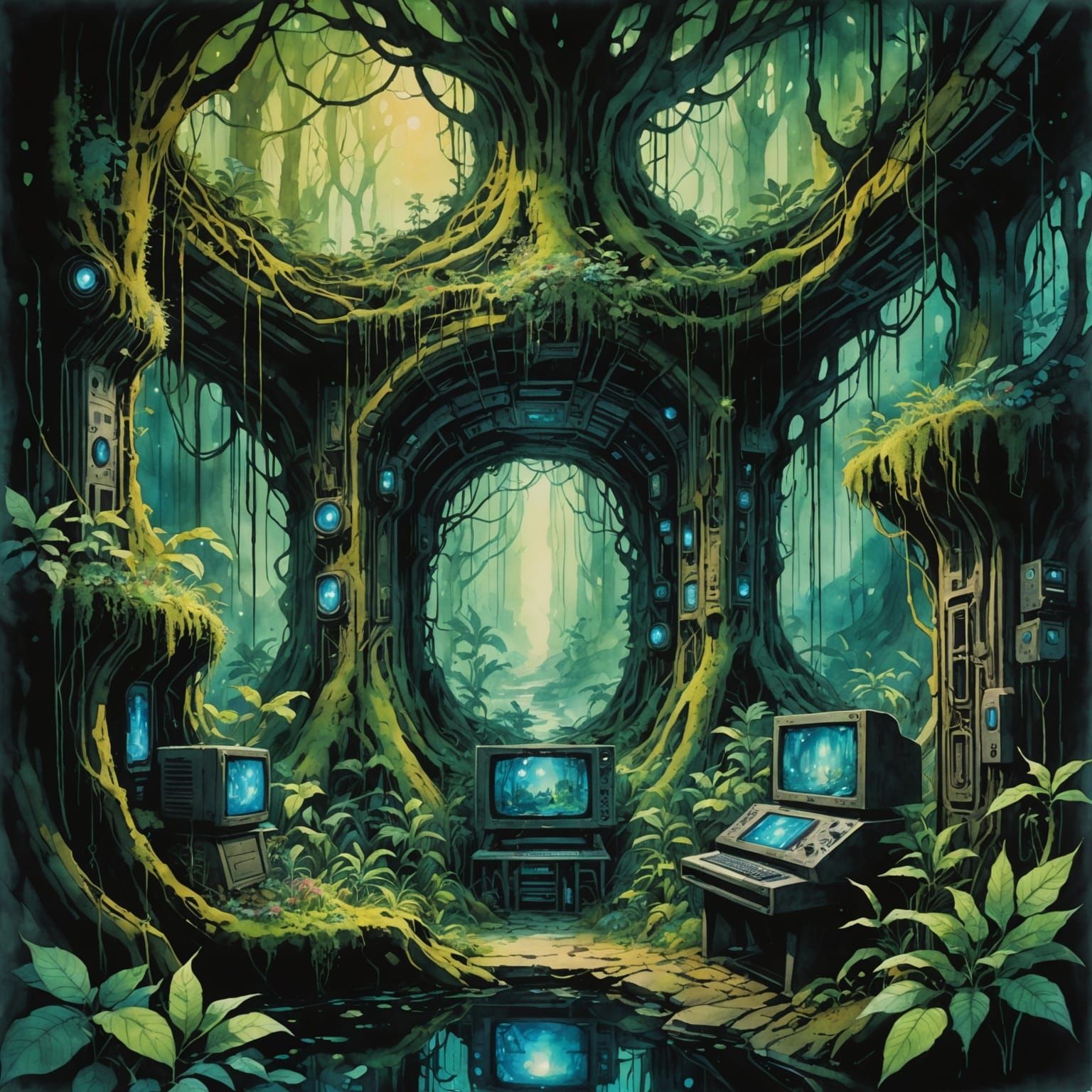 Supervillain Hideout in Bioluminescent Forest Cavern