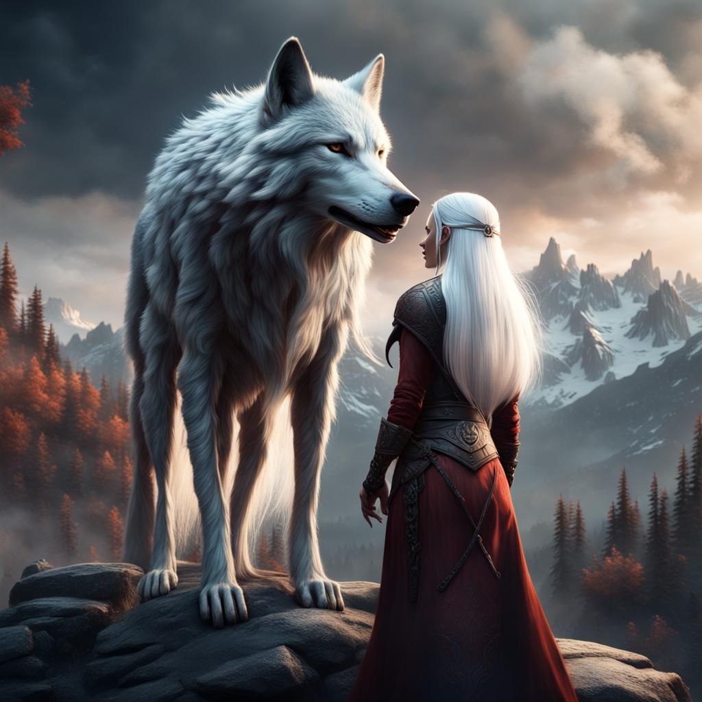 Wolf and Woman in Mountain Landscape