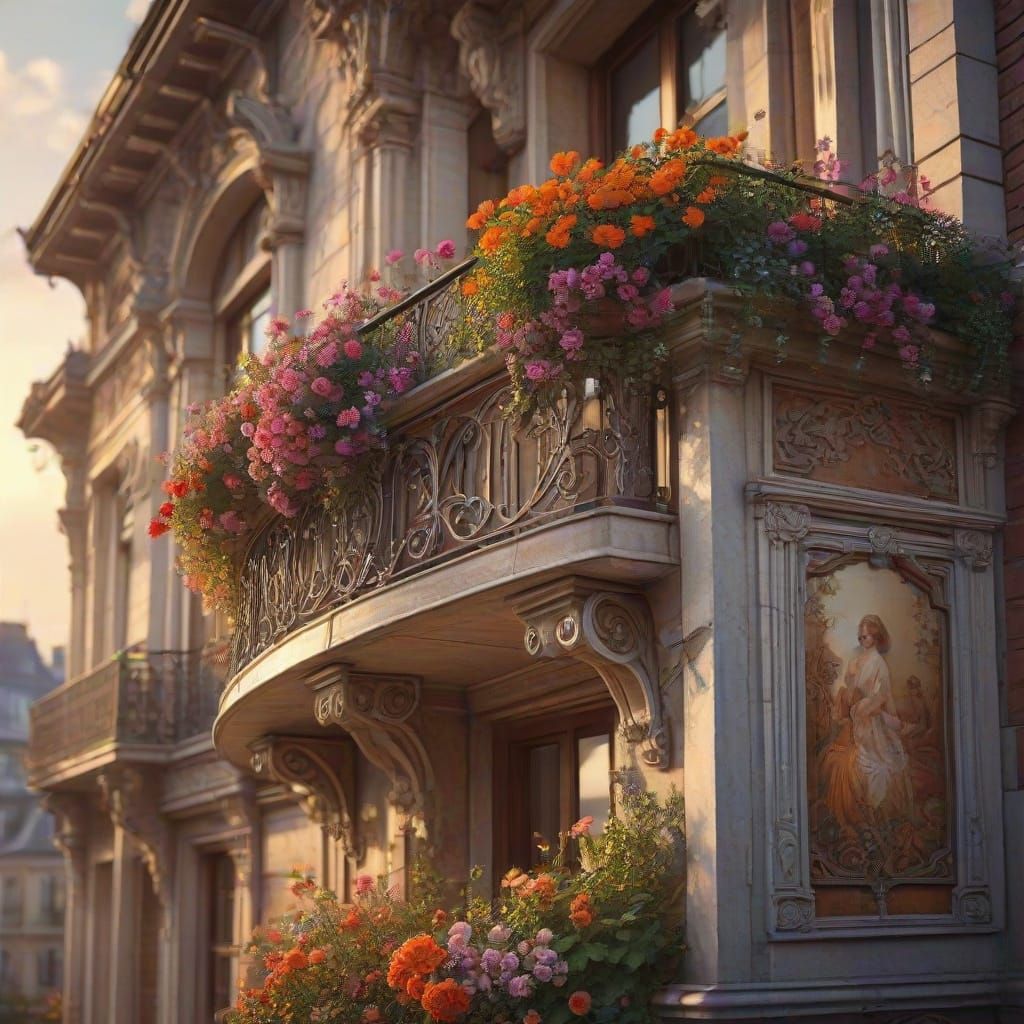 Flowered Balcony Cityscape in Puzzle Art Style