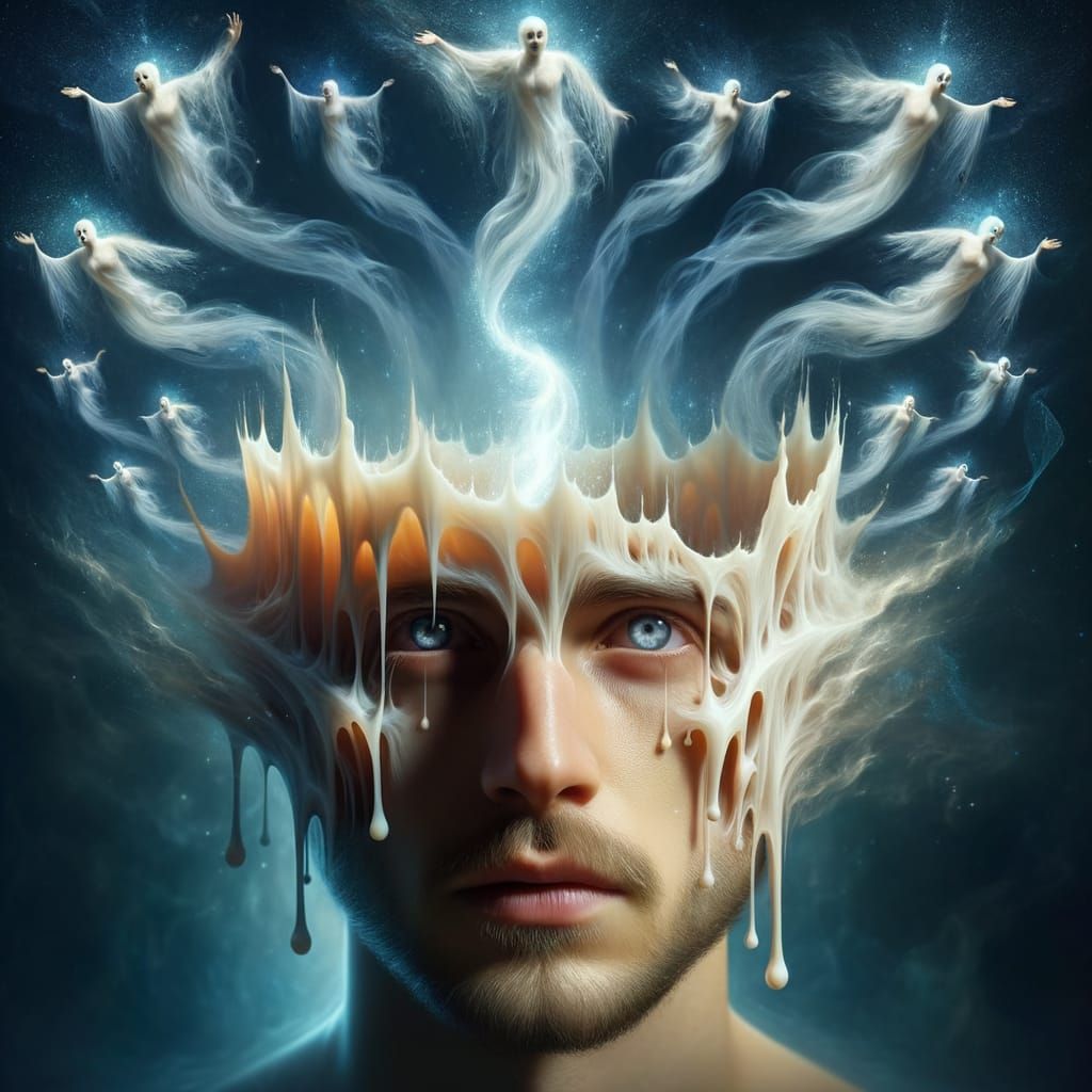 Hyperrealistic Melting Wax Head with Emerging Spirits