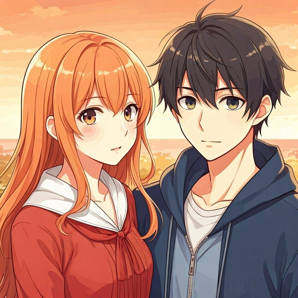 Anime Couple in a Whimsical Japanese Landscape