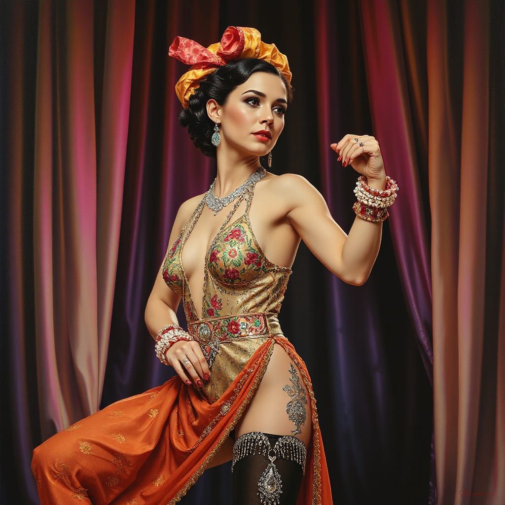 Art Deco Cabaret Dancer in Hyperrealistic Oil Painting