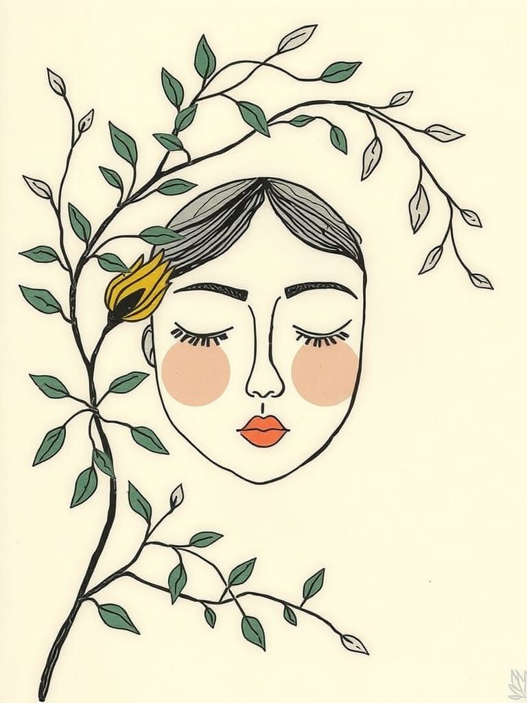 Serene Face Blends with Nature in Abstract Art