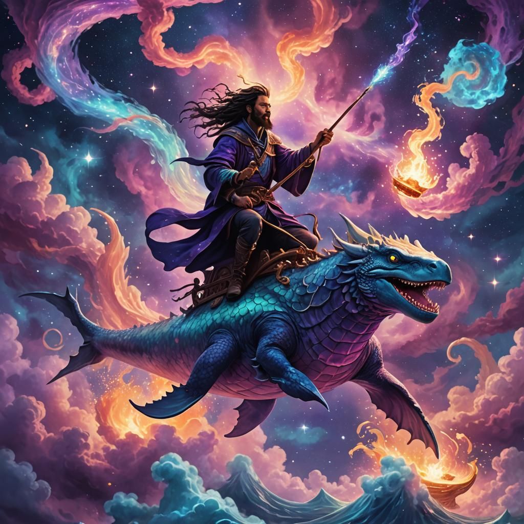 Wizard Riding Dragon Whale Over Nebula in Astral Magic Reali...