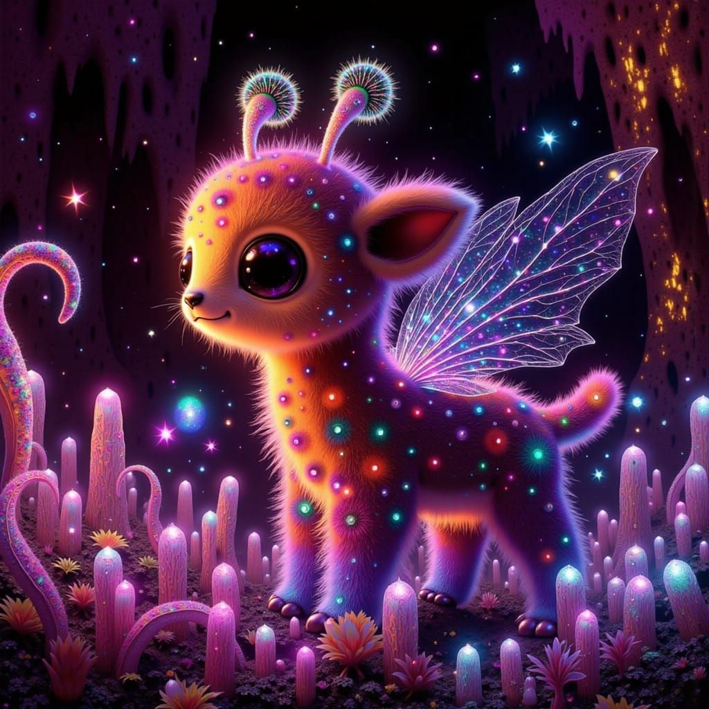 Rainbow Giraffe with Wings in Crystal Cave