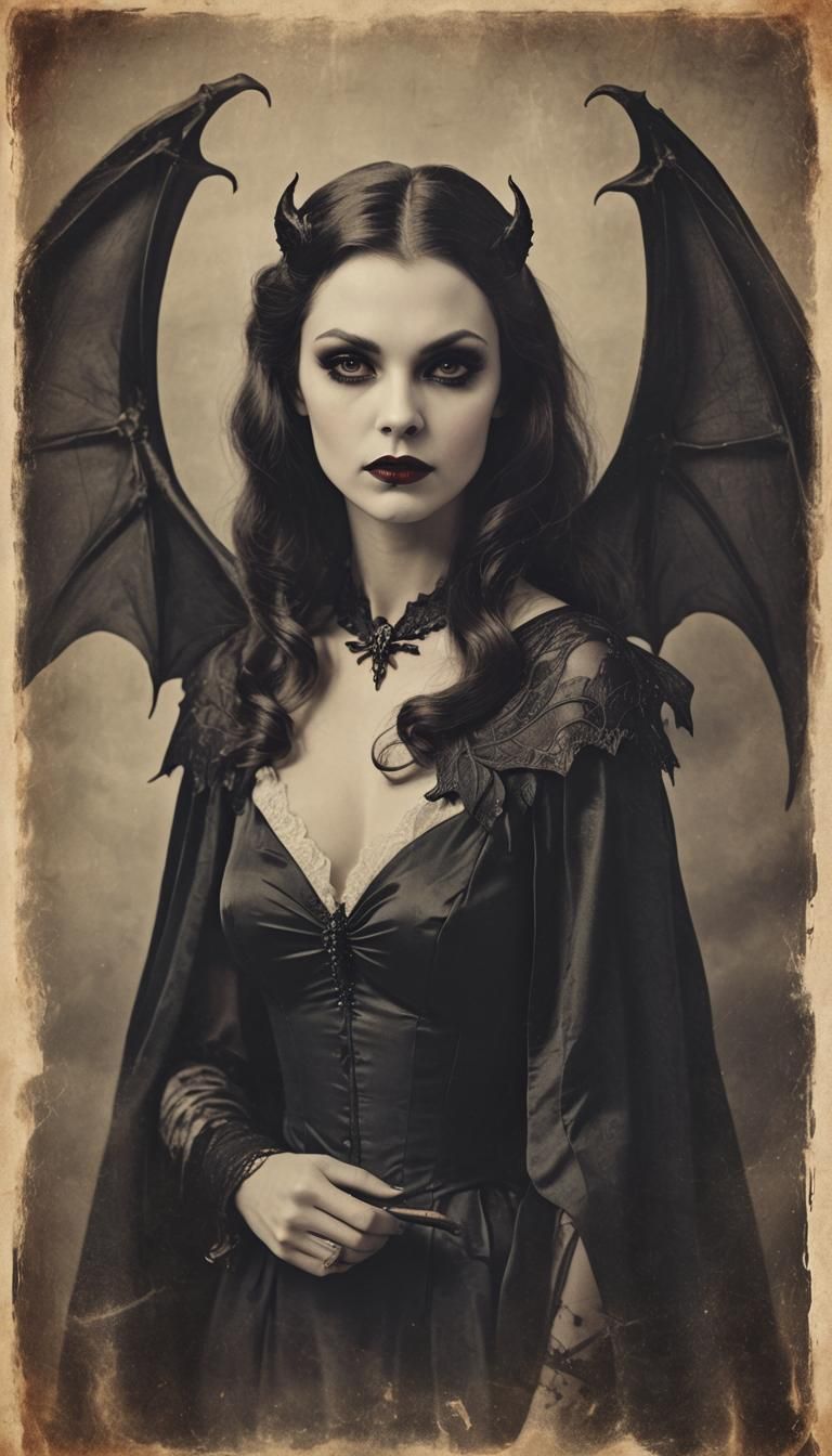 Vintage Portrait of a Vampire Woman with Bat Wings
