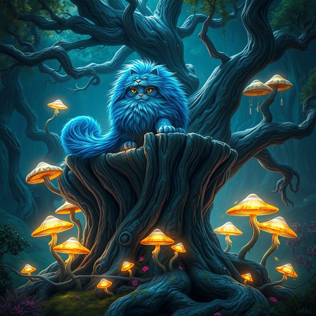 Majestic Feline Surrounded by Glowing Mushrooms in a Fantasy...