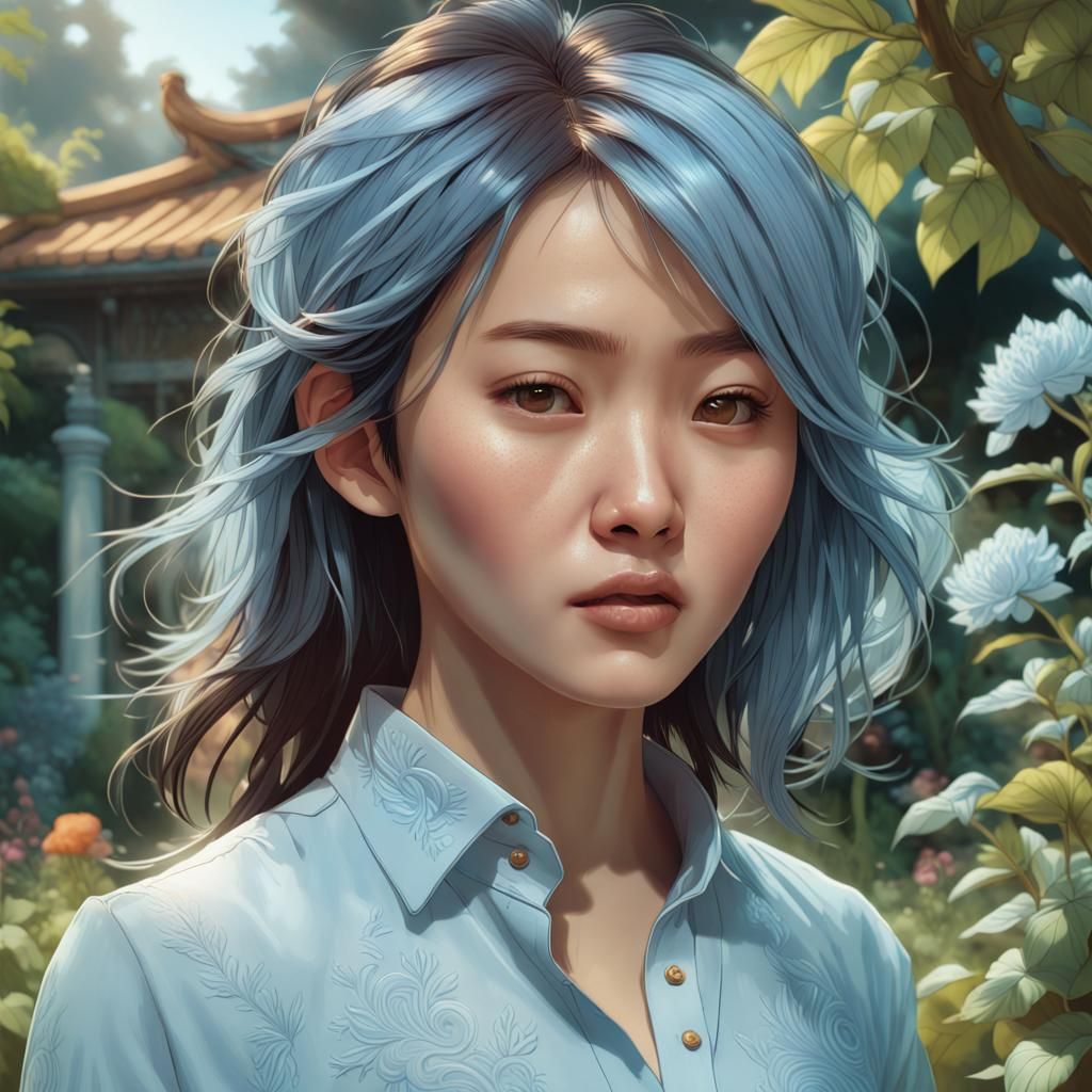 Asian Woman Portrait in Garden, Hyperdetailed Art