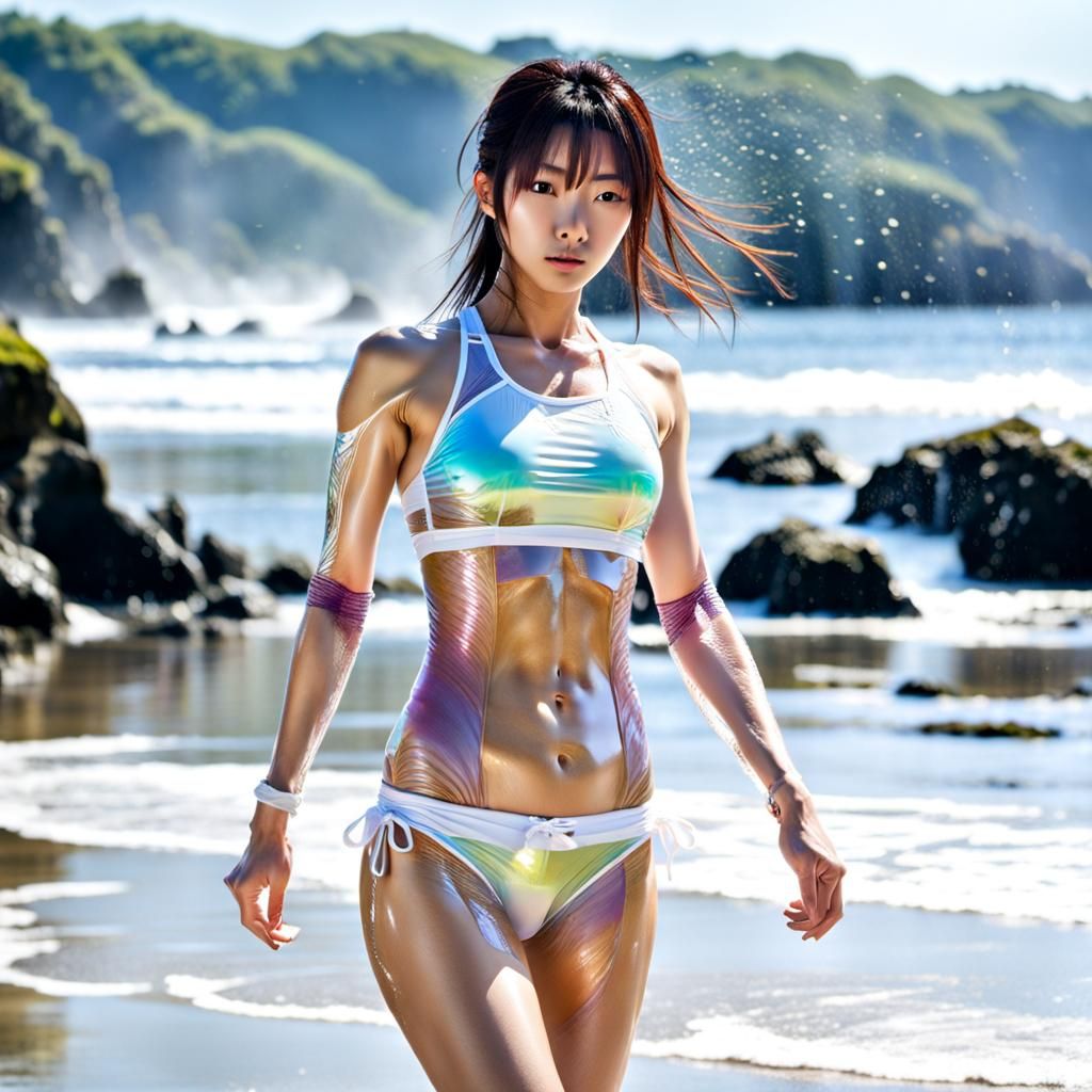 Japanese Girl on Beach with Transparent Clothing