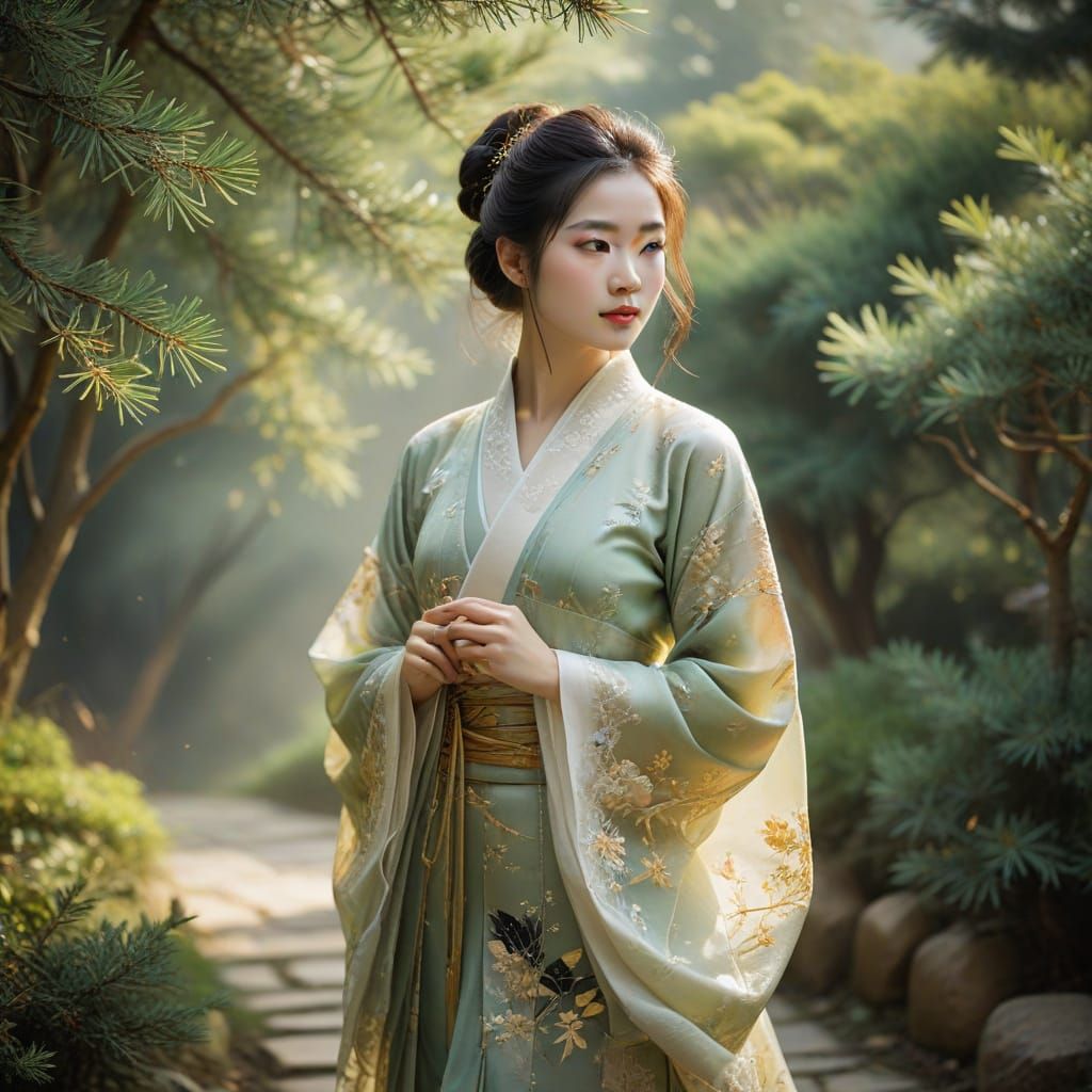 Radiant Chinese Girl on Garden Path in Watercolor