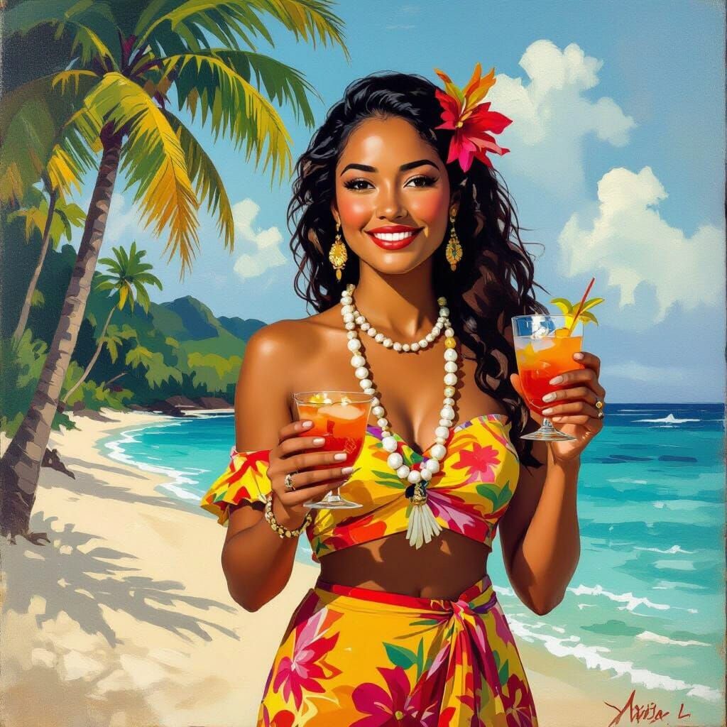 Tahitian Woman with Cocktail on Beach in Impressionist Style